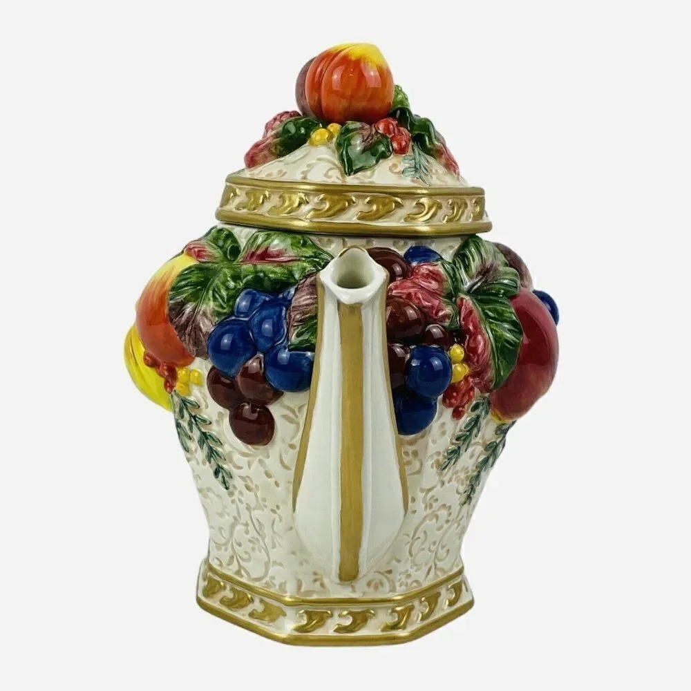 Vintage Fitz and Floyd Venezia Teapot Embossed Fruit Gold Trim Handpainted READ